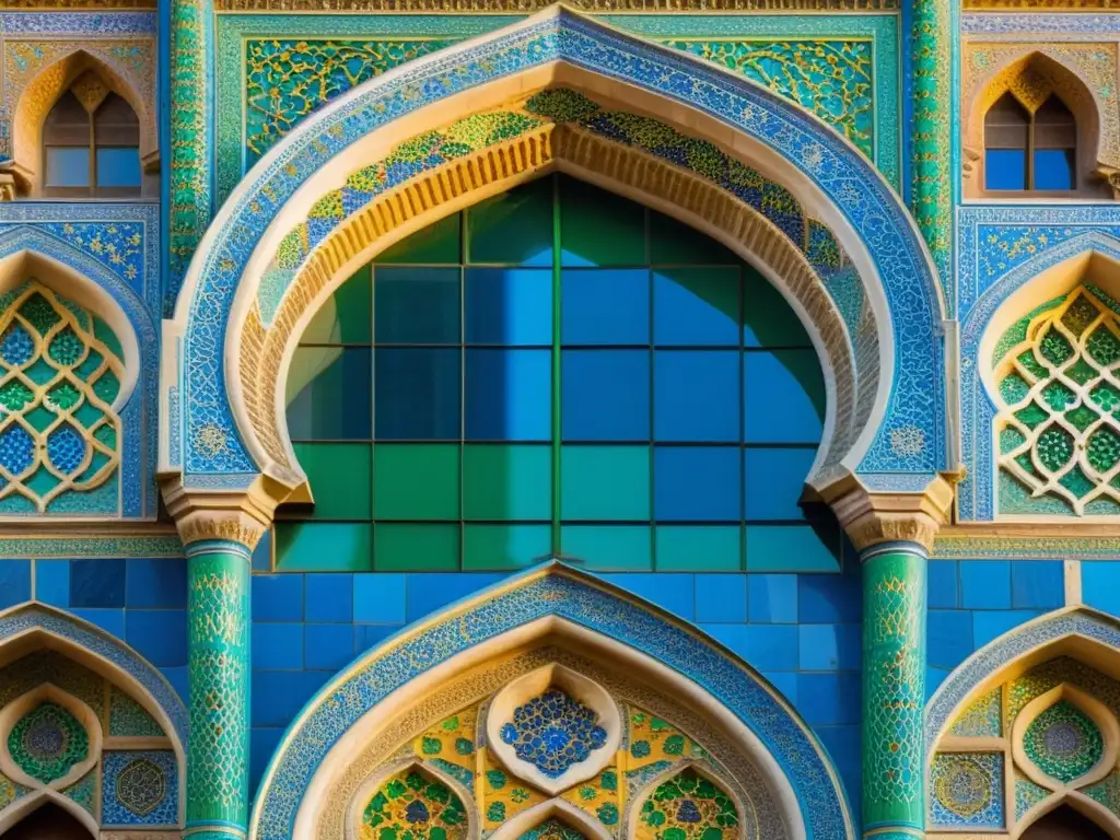 Detalle de las impresionantes baldosas de la Mezquita Azul en Tabriz, Irán, fusionando la arquitectura persa e islámica en el Imperio Mongol