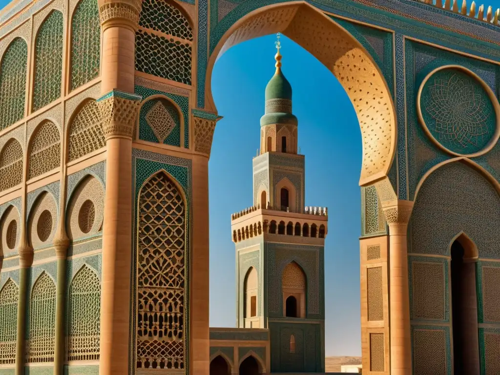 Detalle de la intrincada arquitectura de la Gran Mezquita de Samarra, mostrando el icónico alminar en espiral y los elaborados diseños y tallas