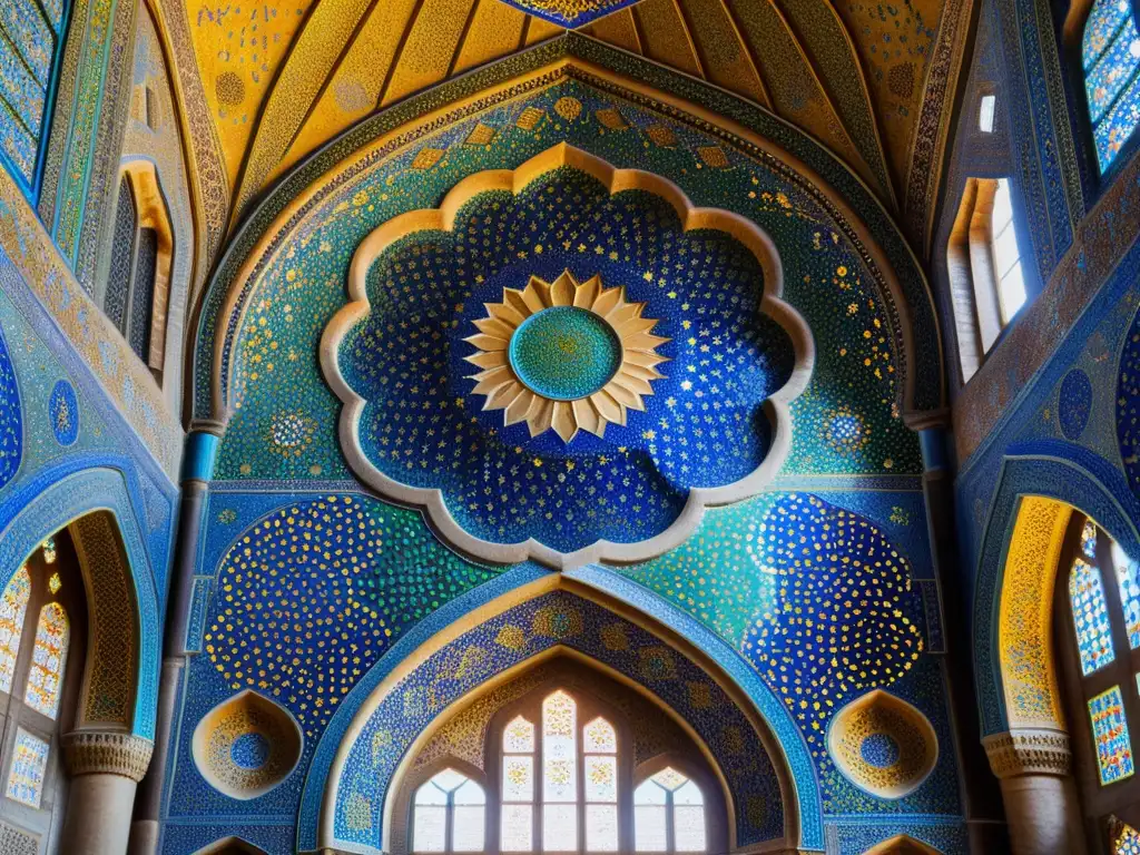 Detalle de los intrincados mosaicos de la Mezquita Azul en Tabriz, Irán, destacando la fusión de influencias artísticas mongolas e islámicas