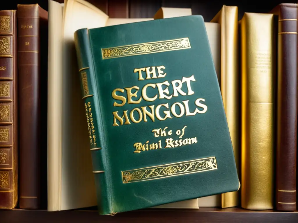 Detalle de libro antiguo, 'La Historia Secreta de los Mongoles', en biblioteca oscura llena de manuscritos y rollos