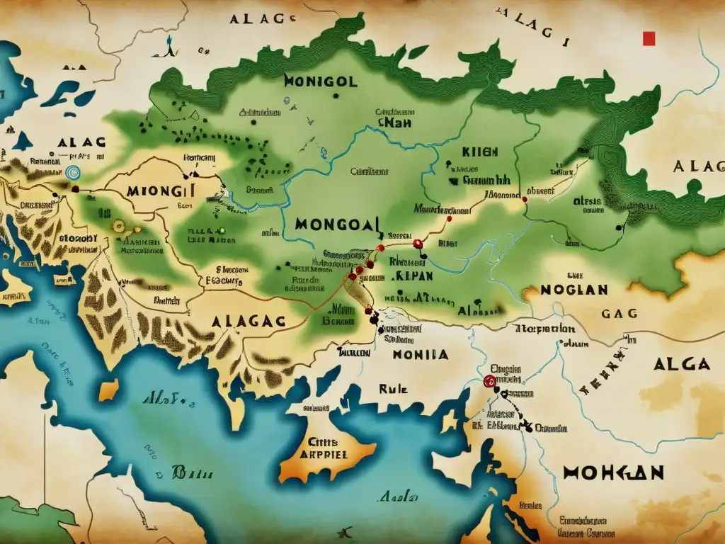 Detalle de un mapa antiguo del Imperio Mongol bajo el reinado de Alag Khan, evocando los misterios del imperio