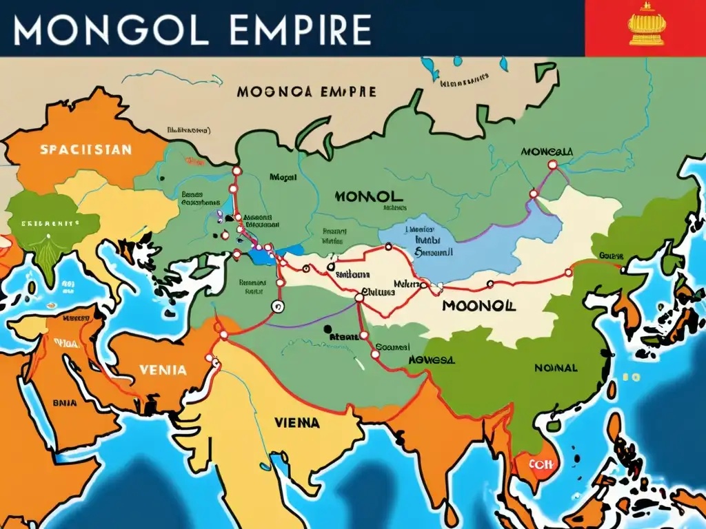 Detalle de mapa del apogeo del Imperio Mongol, con expansión hacia Occidente