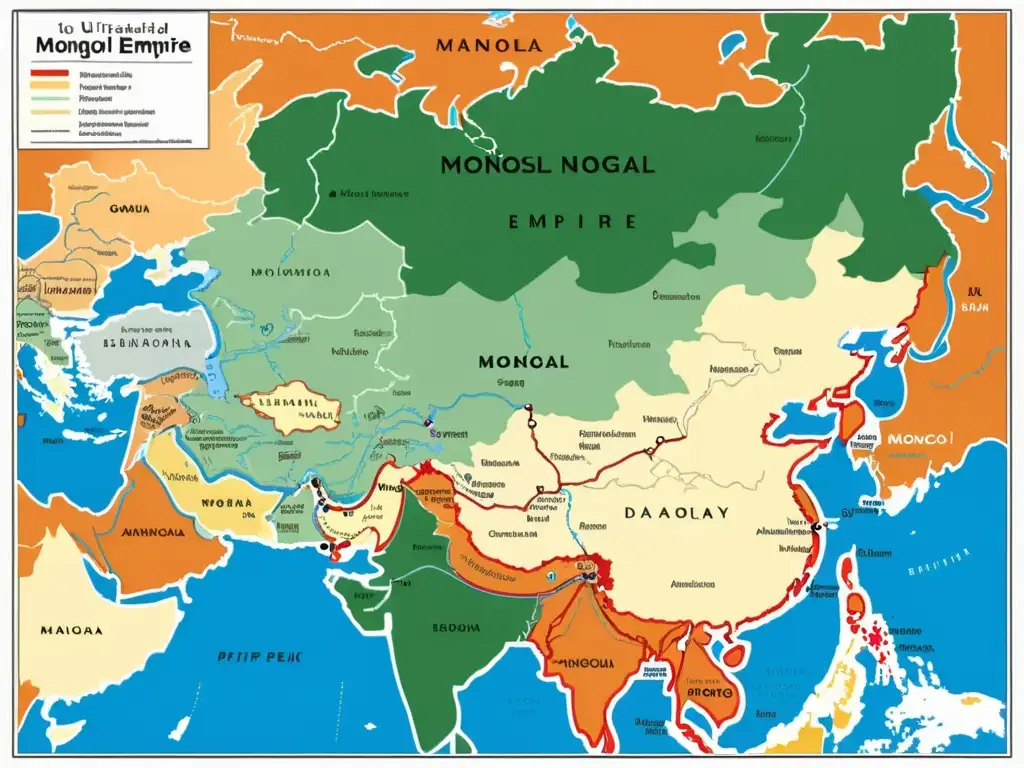 Detalle de un mapa detallado del vasto Imperio Mongol en su apogeo, mostrando su compleja organización administrativa y redes diplomáticas