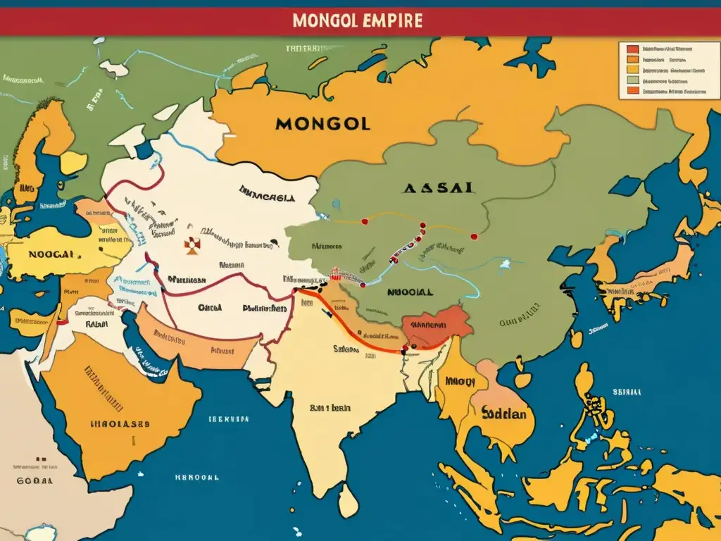 Detalle 8k de mapa histórico del Imperio Mongol, destacando rutas comerciales, ciudades y relaciones internacionales