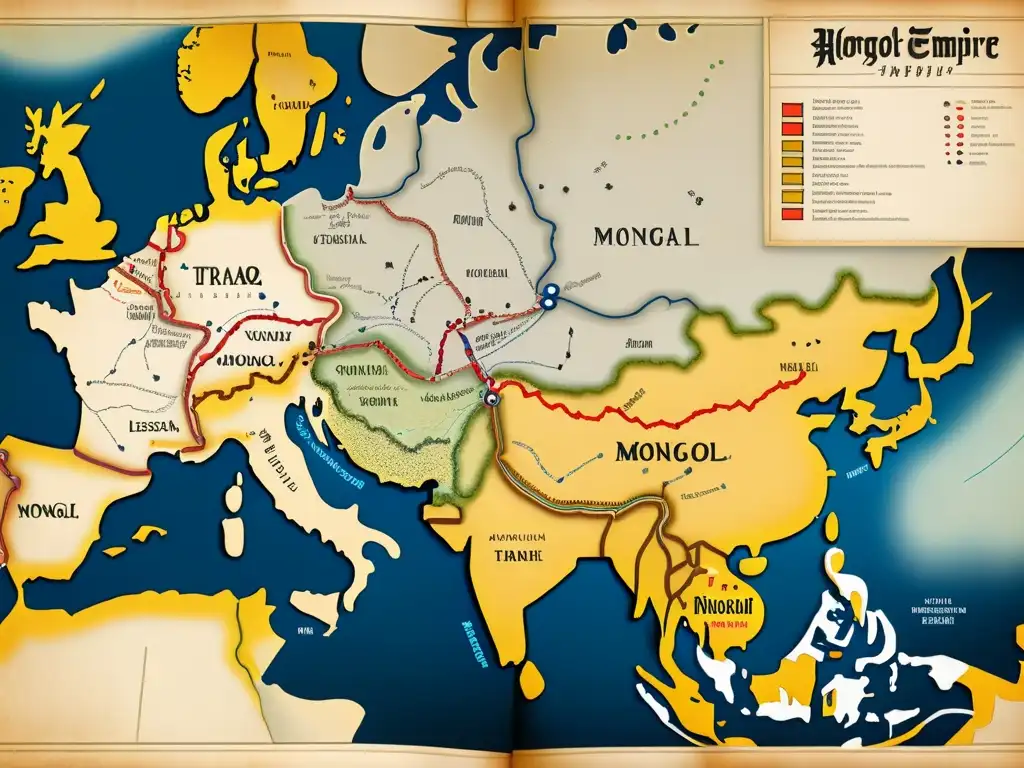 Detalle de mapa histórico del Imperio Mongol, resaltando rutas comerciales menores y su legado cultural