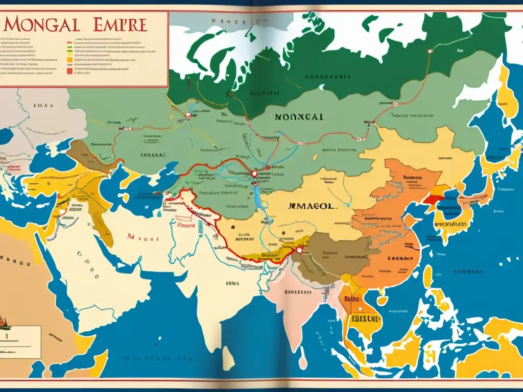 Detalle de mapa histórico del Imperio Mongol, con rutas comerciales, misiones diplomáticas y estrategias de expansión imperial