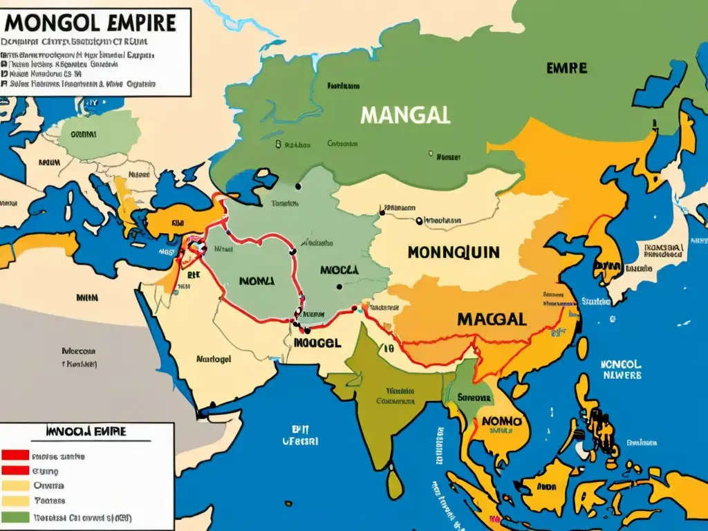 Detalle del mapa del Imperio Mongol en su apogeo, mostrando sus cambios territoriales y regiones bajo control mongol