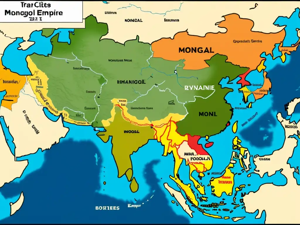 Detalle de mapa del Imperio Mongol en su apogeo, con fronteras, ciudades clave y comparaciones con otros imperios