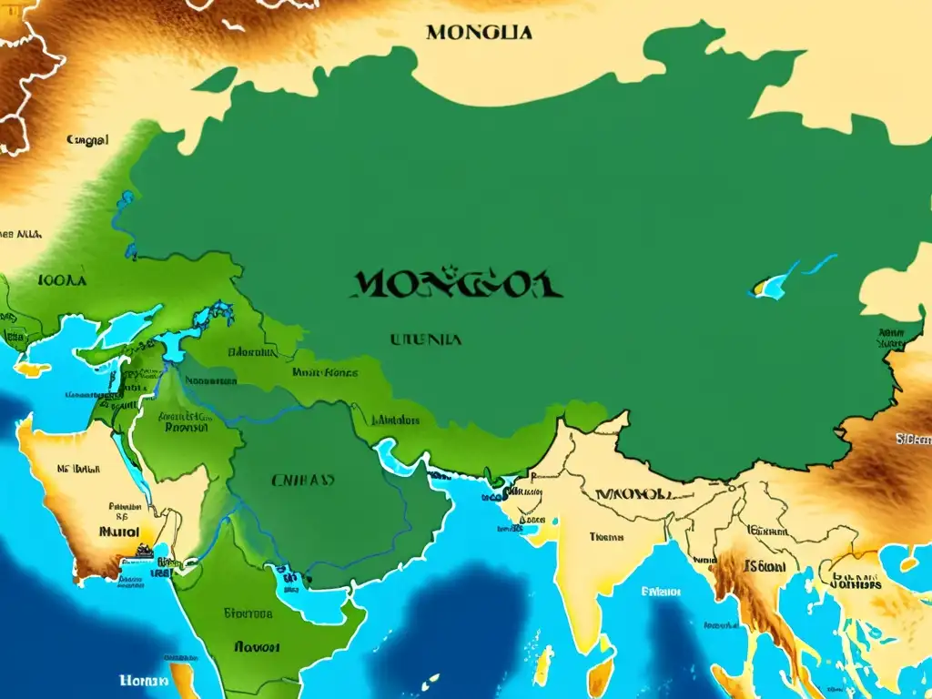 Detalle de mapa del Imperio Mongol en su apogeo, mostrando territorios y rutas comerciales