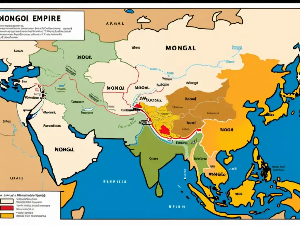 Detalle del mapa del Imperio Mongol en plena transformación, con territorios, rutas comerciales y ciudades clave