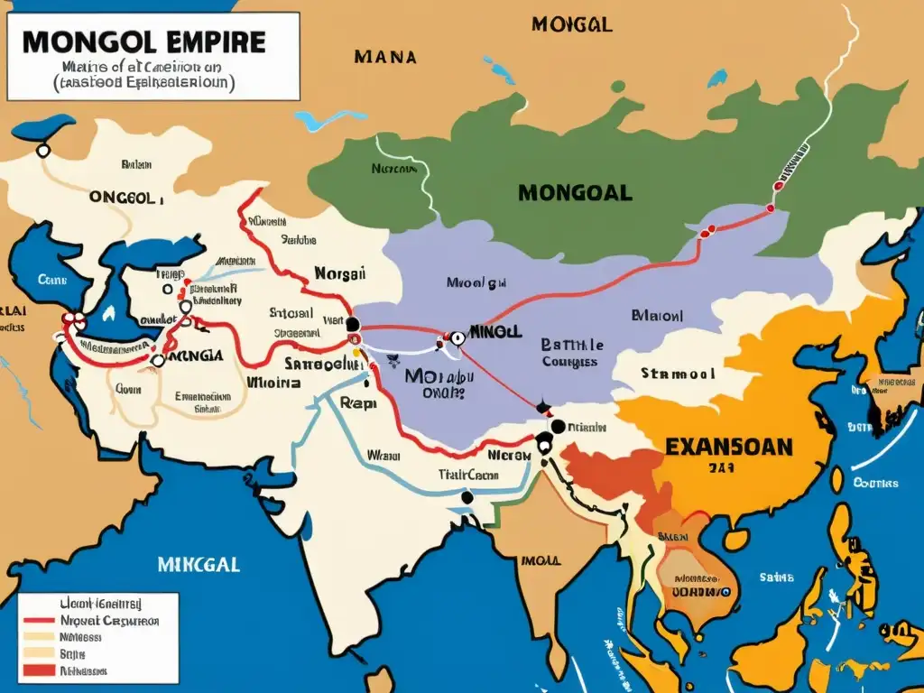 Mapa detallado del apogeo del Imperio Mongol: impacto de tácticas de asedio Detalle del mapa del Imperio Mongol en su apogeo, con ciudades y territorios marcados en colores para representar las tácticas de asedio mongoles y su expansión territorial
