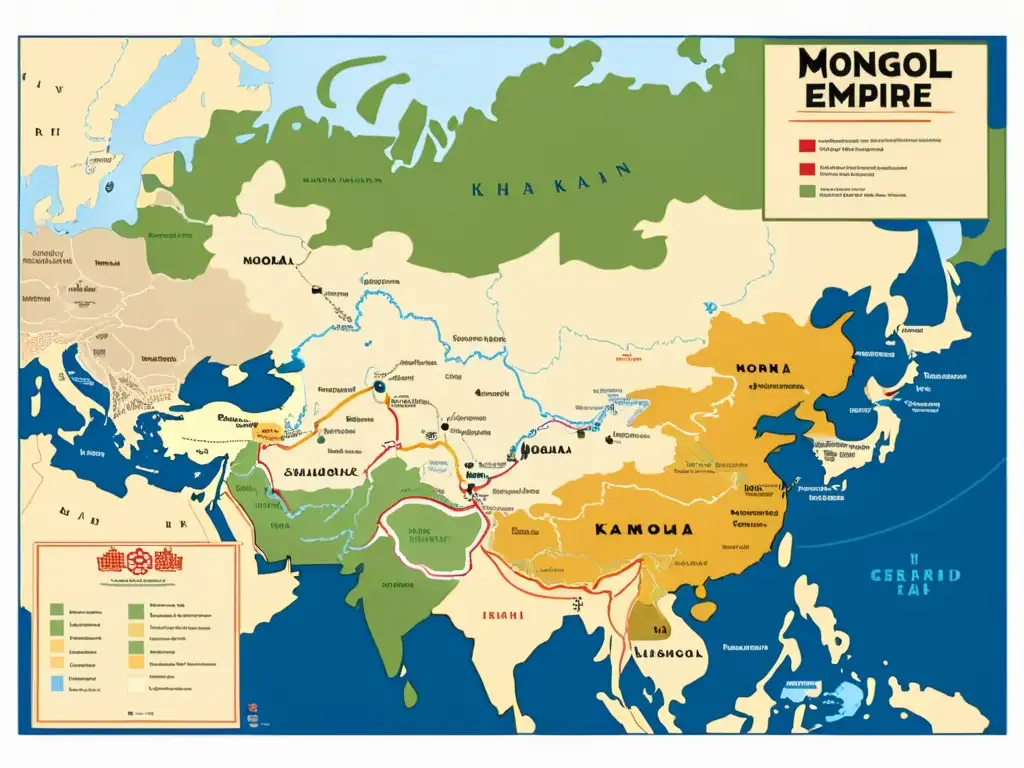 Detalle del mapa del Imperio Mongol comparación Genghis Kublai, con ciudades, rutas comerciales y guerreros, en colores vibrantes