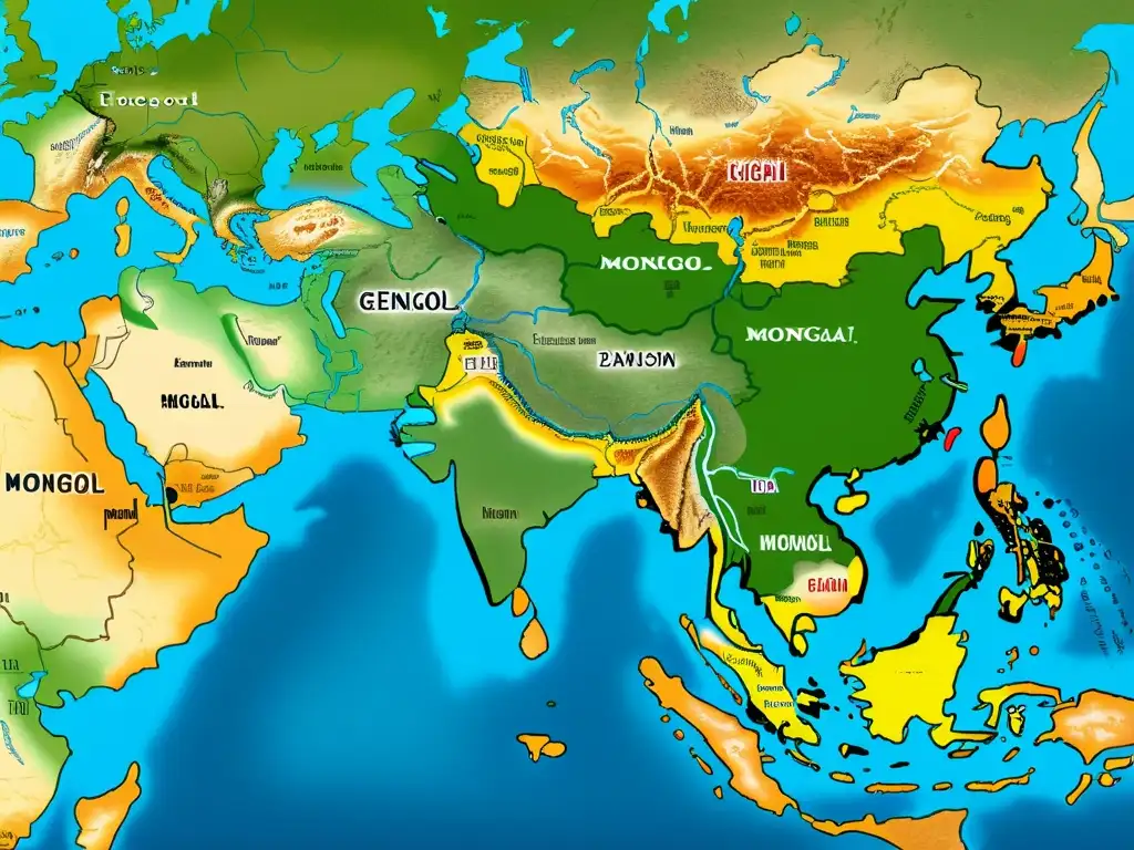 Detalle de mapa del Imperio Mongol con expansión territorial y sucesores del Imperio Mongol