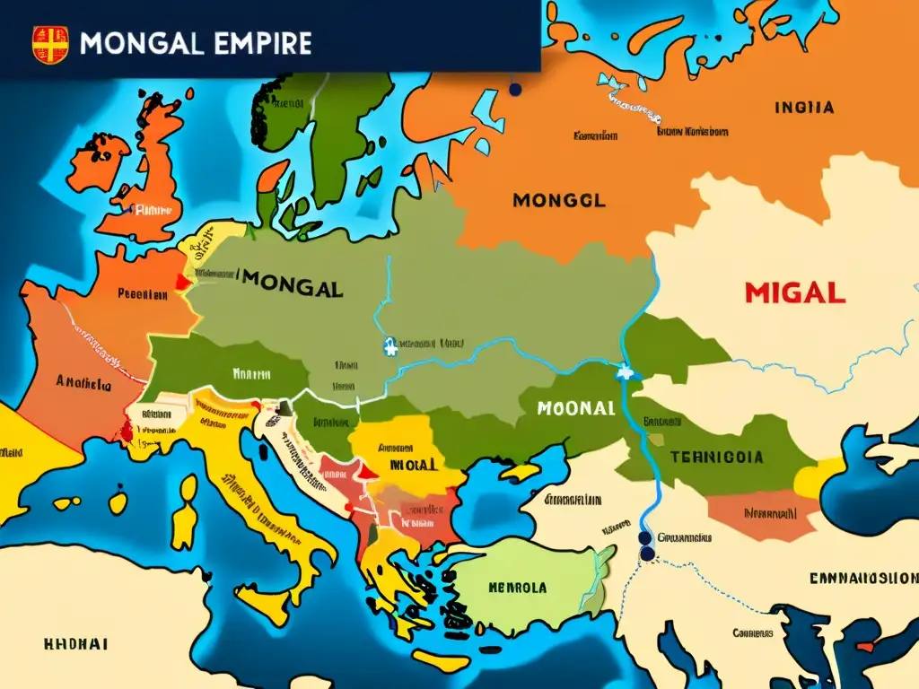 Detalle del mapa del Imperio Mongol en su apogeo con invasiones mongolas en Europa del Este