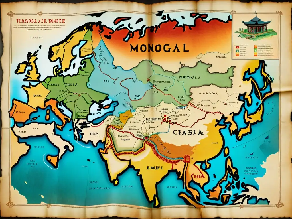 Detalle de un mapa del Imperio Mongol descubierto, con rutas comerciales y ciudades