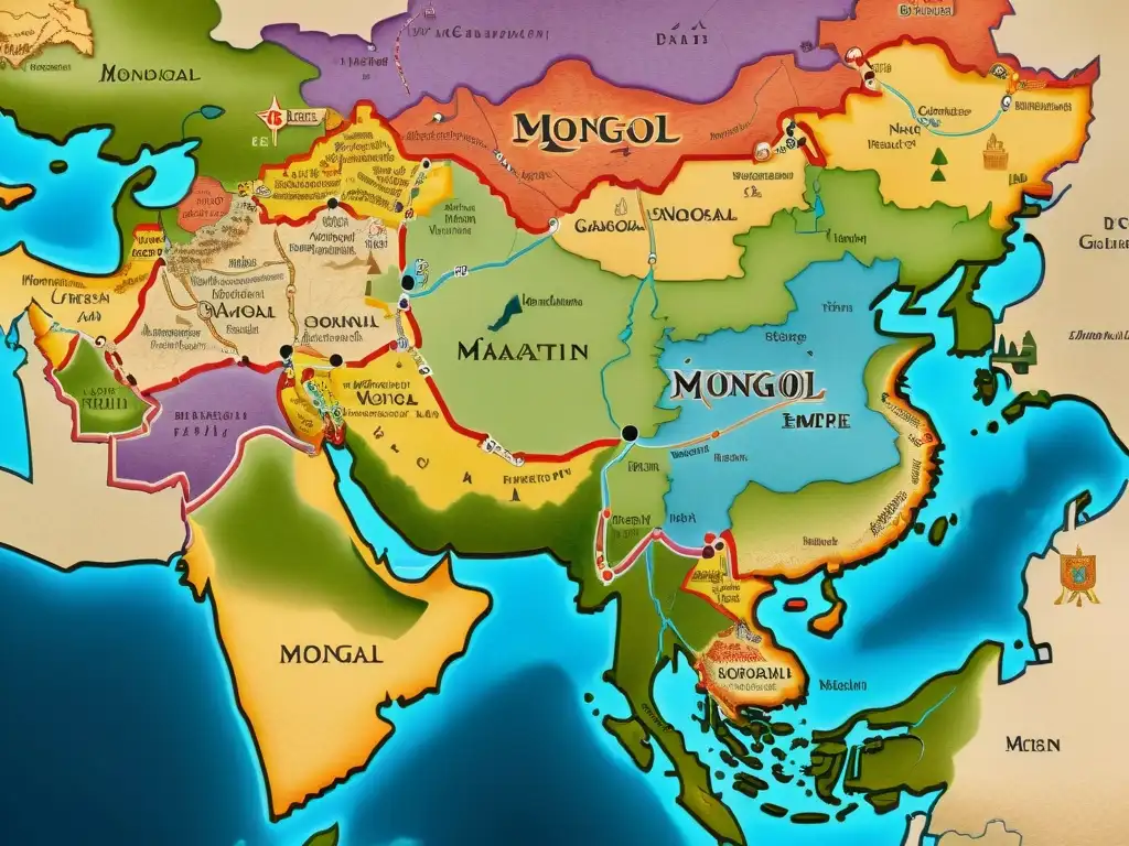 Detalle 8k de mapa medieval del Imperio Mongol en Medio Oriente con ciudades, rutas comerciales y colores vibrantes