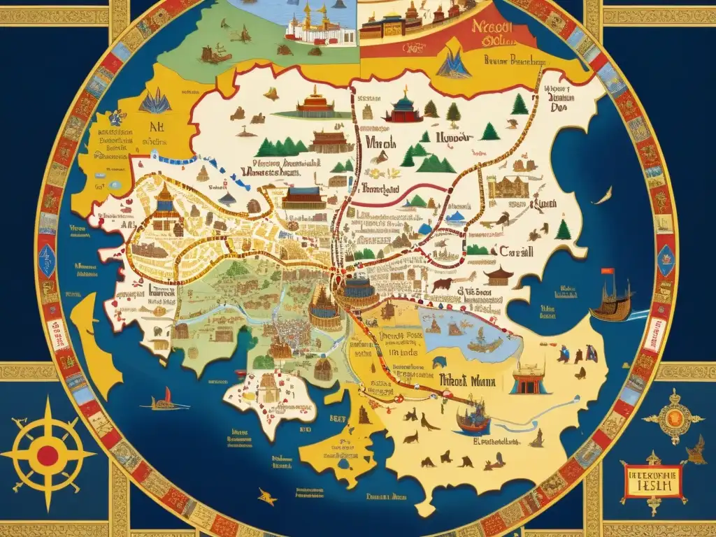 Detalle del mapa mosaico de la Hereford Mappa Mundi, mostrando el extenso legado del Imperio Mongol en Europa en el siglo XIII con increíble detalle y colores vibrantes