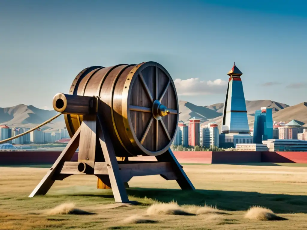 Detalle de máquinas de asedio en el Imperio Mongol frente a la ciudad moderna, mostrando su impacto duradero en la guerra