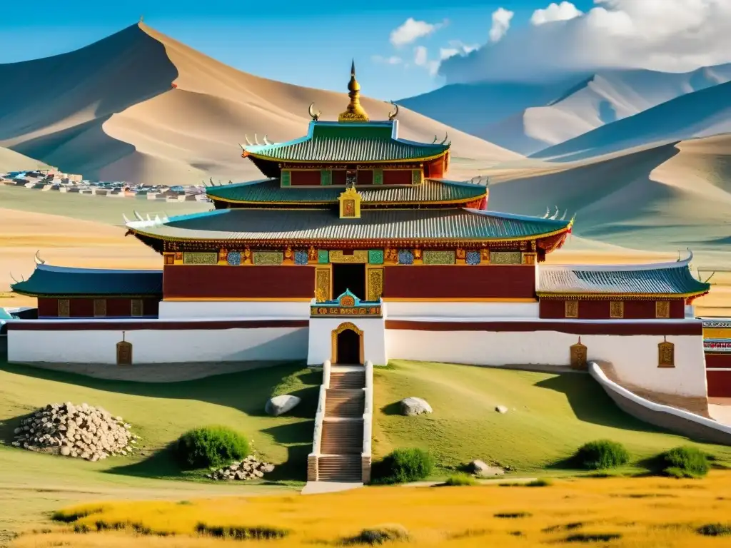 Erdene Zuu: Belleza espiritual en Mongolia Detalle del monasterio Erdene Zuu en Kharkhorin, Mongolia, fusionando arquitectura mongola y budista tibetana, rodeado de colinas y cielo azul