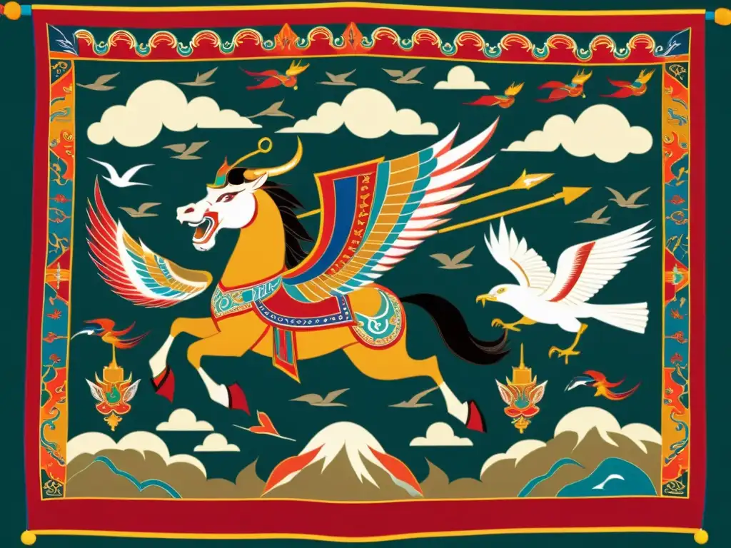 Detalle de tapiz mongol antiguo con vibrantes colores y escena de batalla, reflejando la importancia de sueños y visiones en la estrategia mongola