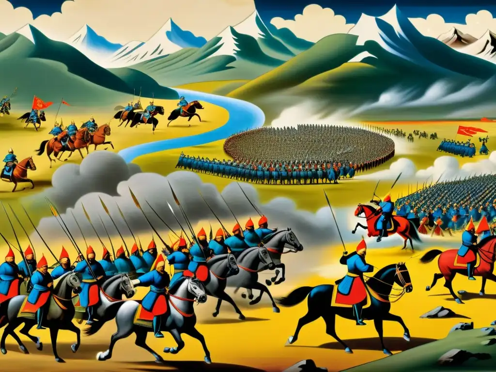 Detalle de pintura mongola de tácticas de guerra del Imperio Mongol: precisión, estrategia y paisaje de batalla