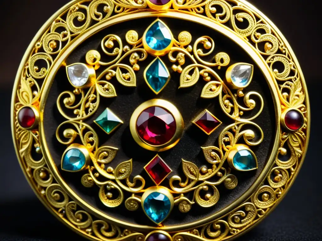 Detalle de un precioso artefacto dorado de la antigua Mongolia, con filigranas y gemas incrustadas