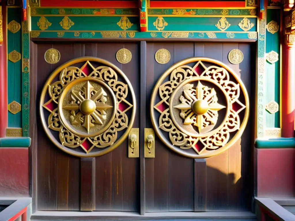 Detalle de las puertas de madera tallada del Monasterio Erdene Zuu Mongolia, con motivos religiosos, mitológicos y florales