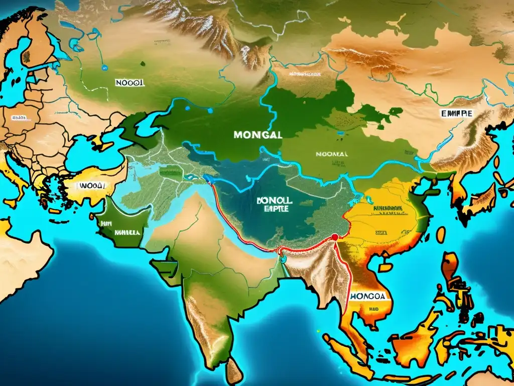 Detalle satelital del vasto Imperio Mongol, con sus rutas comerciales, postas militares y variados paisajes