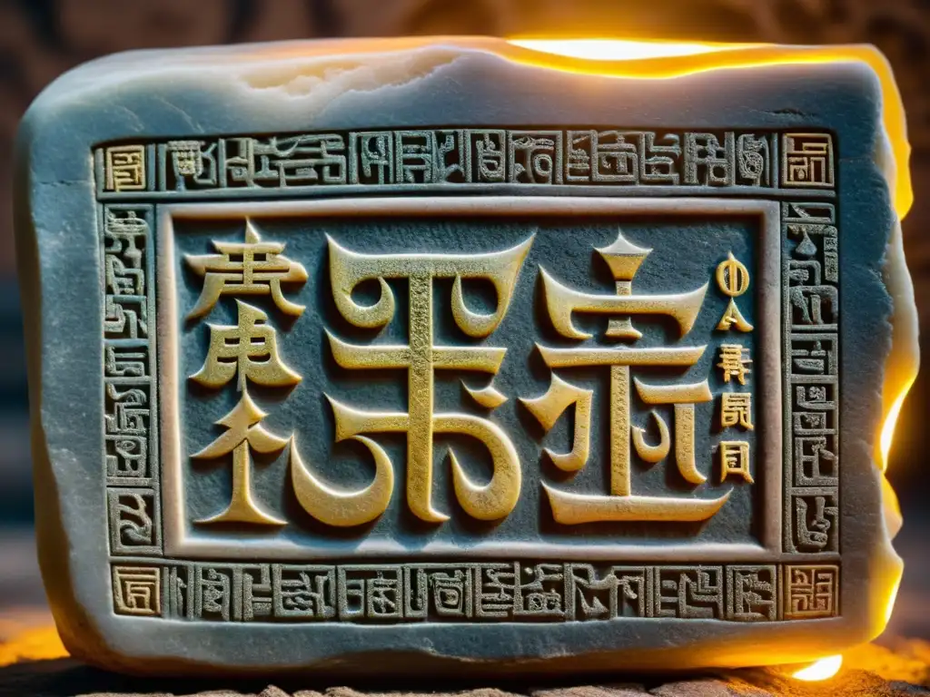 Detalle de tableta de piedra con escritura mongola y tibetana, iluminada por lámpara de mantequilla