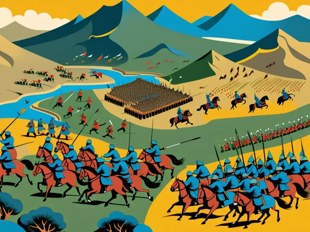 Detalle de ilustración épica de táctica de retirada en batalla, con el ejército mongol atrayendo al enemigo