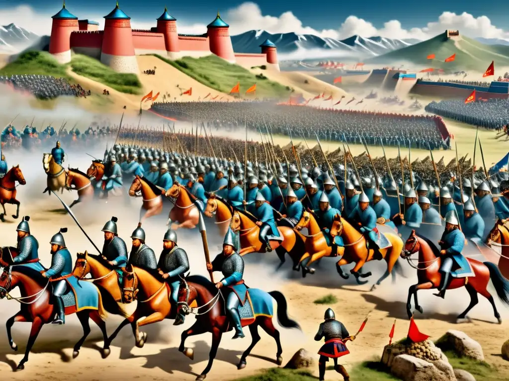 Batalla de asedio: tácticas de guerra mongolas en 8k Detalle de tácticas de guerra mongolas en asedios urbanos, destacando estrategias militares y armamento en intensa escena de batalla