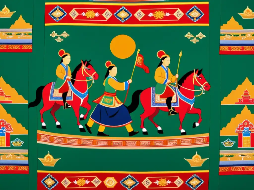 Detalle de tapiz mongol con arte y símbolos culturales bordados en vibrantes colores y fina textura