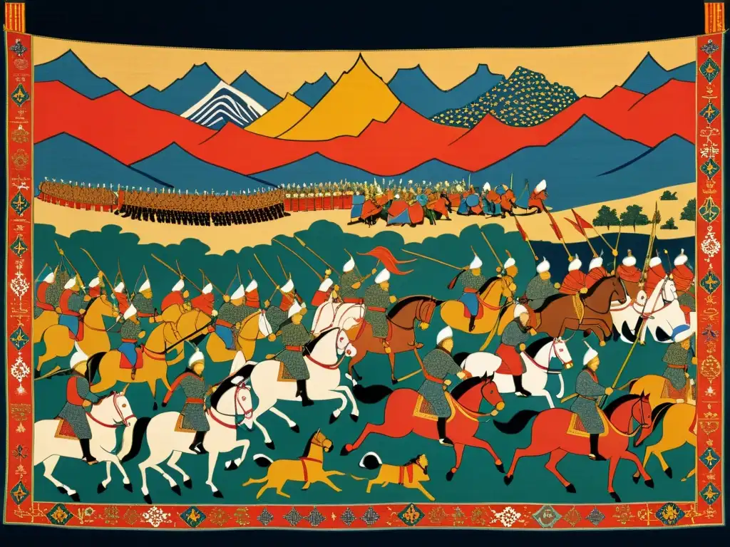 Detalle de tapiz Mongol de guerra con tácticas de guerra del Imperio Mongol