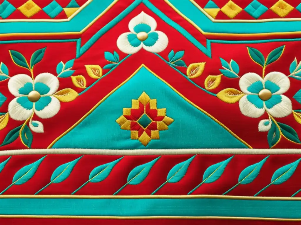 Detalle de un textil mongol con bordados vibrantes de la era imperial, reflejando el arte femenino en el Imperio Mongol