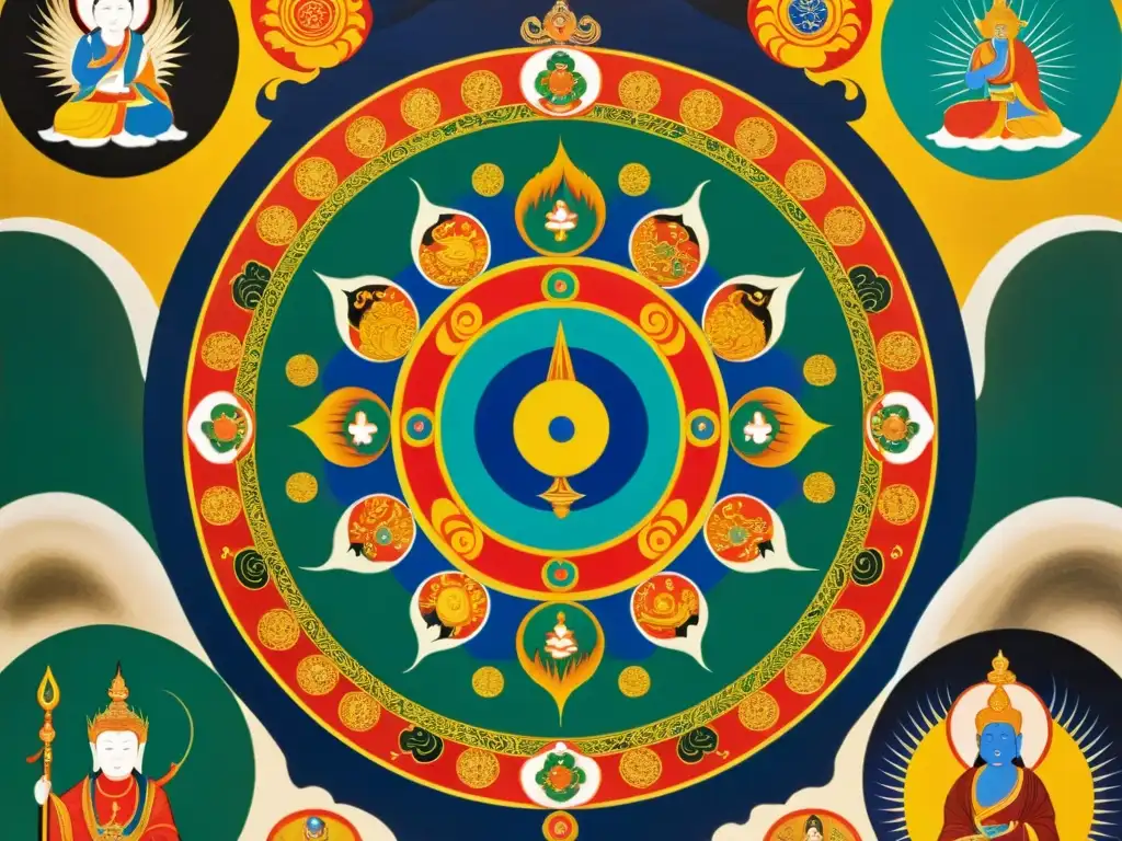 Detalle de una thangka tradicional mongola con iconografía de deidades, demonios y cosmos, destacando colores vibrantes y meticulosa pincelada