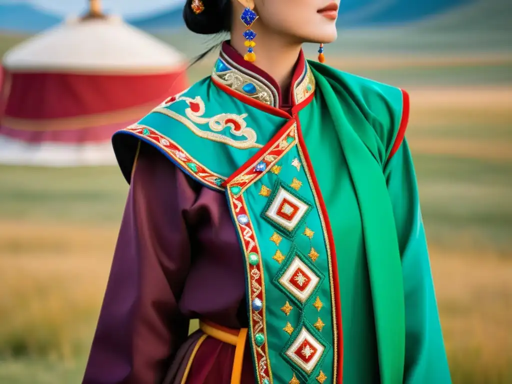 Detalle de vestimenta mongola con bordados y colores vibrantes, reflejando las influencias culturales a lo largo de la historia