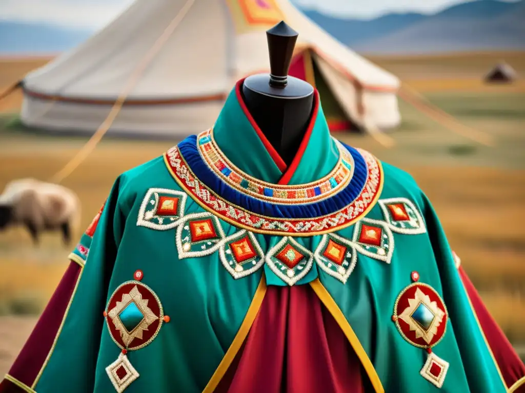 Detalle de una vestimenta tradicional mongola con bordados y colores vibrantes, simbolizando la riqueza cultural y significados ancestrales