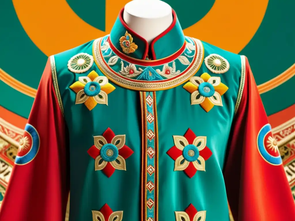 Detalle de vestuario tradicional mongol con bordados intrincados, colores vibrantes y patrones únicos