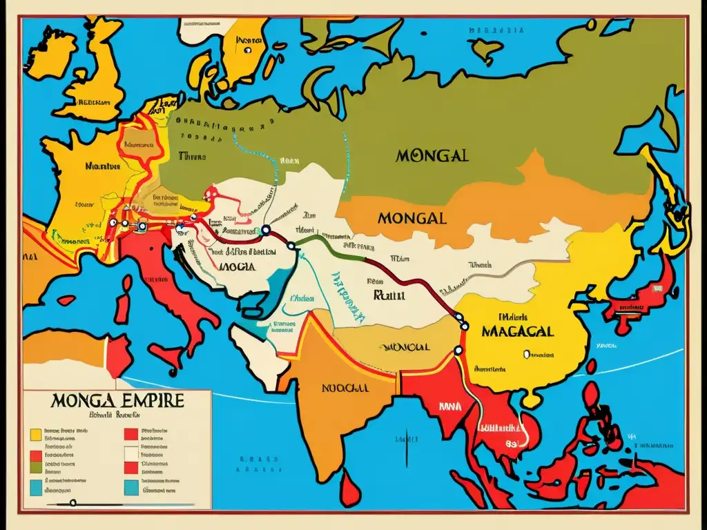 Detalle vibrante de una antigua mapa medieval mostrando el impacto del Imperio Mongol en la cartografía de la época