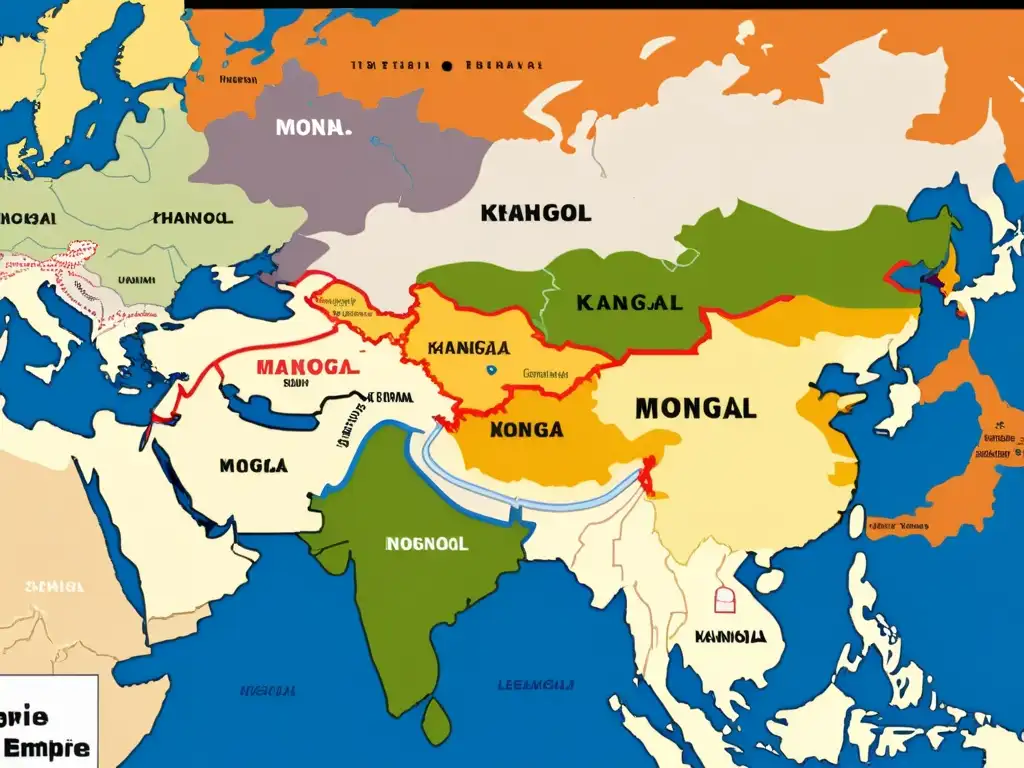 Detalle vibrante de un mapa que muestra la fragmentación del Imperio Mongol, con sus sucesores y fronteras