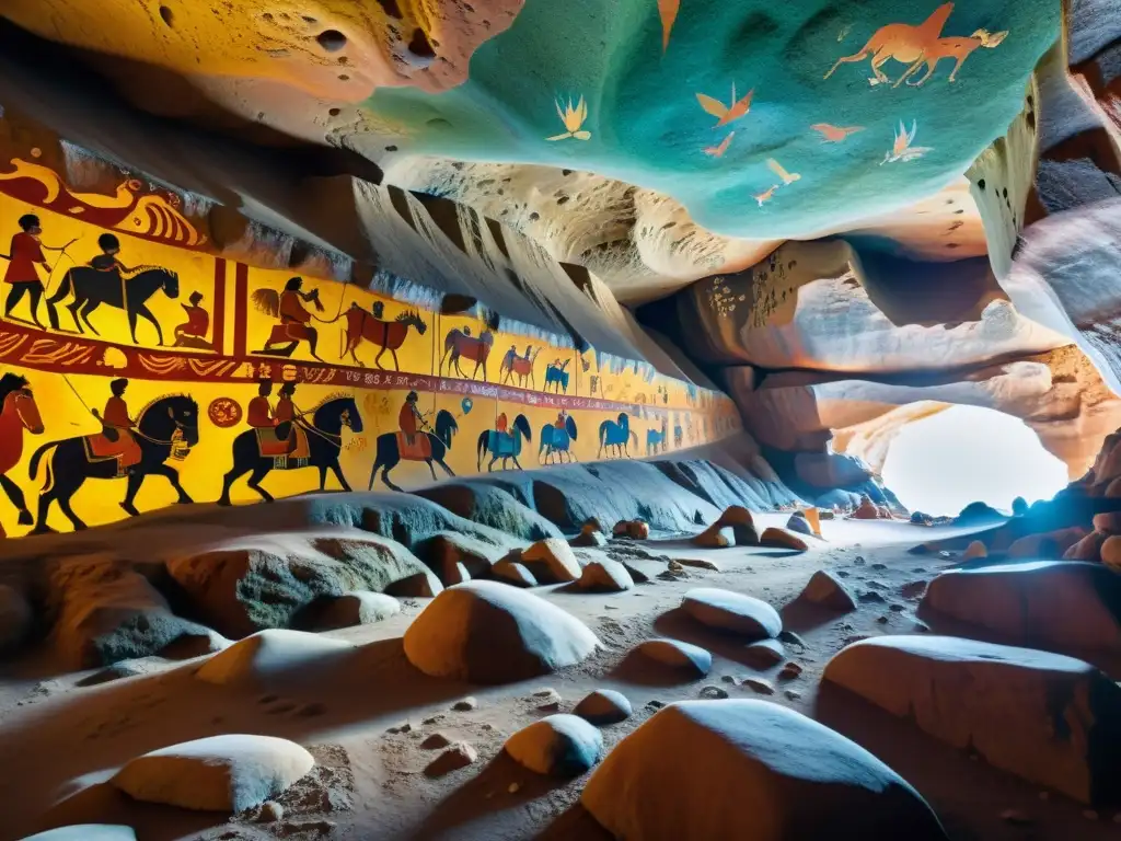 Detalle vibrante de las pinturas rupestres en las Cuevas de Tsenkher, reflejando la rica historia y cultura de Mongolia en colores vivos y símbolos antiguos