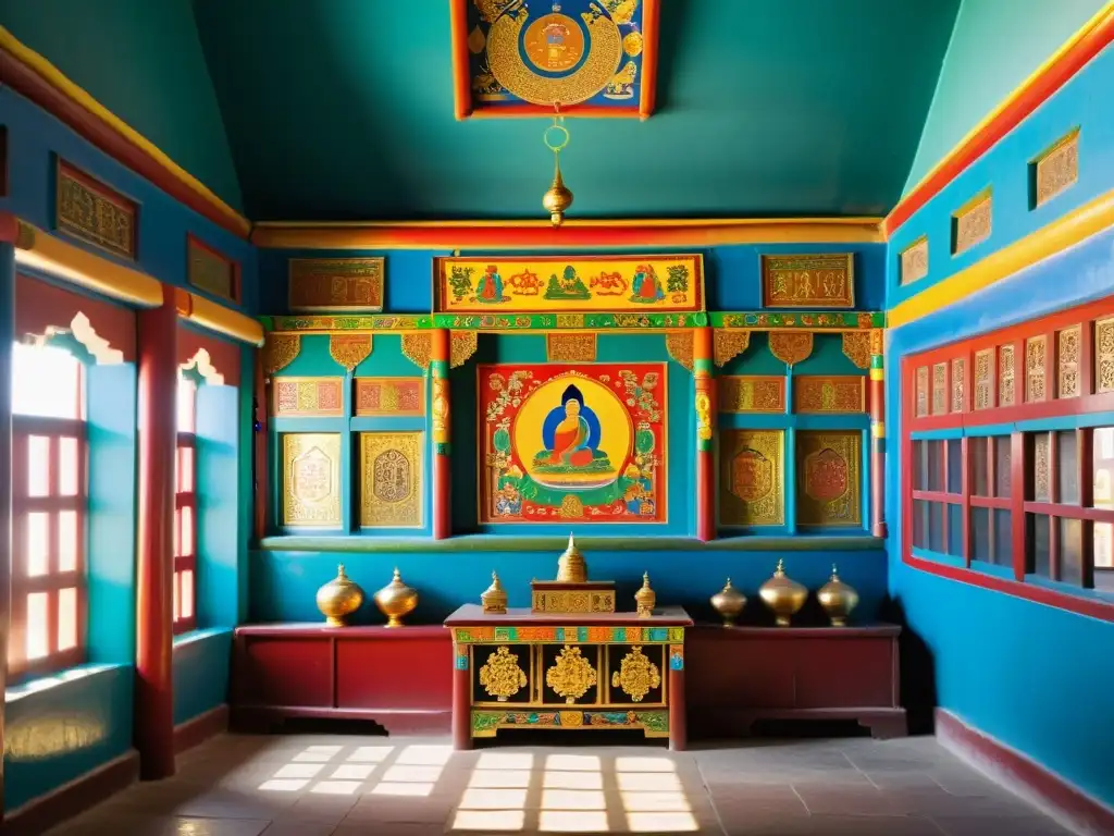 Detalle vibrante de la sincretismo religioso en el Imperio Mongo: el Monasterio de Erdene Zuu en Mongolia, con sus murales coloridos y paisaje sereno