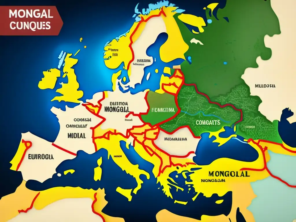 Detalle vívido del mapa medieval de Europa con rutas de las conquistas mongolas, transformando el paisaje europeo