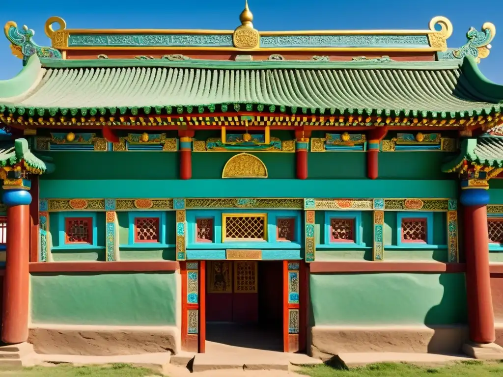 Detalles arquitectónicos del Monasterio budista Erdene Zuu en Mongolia, capturando su legado centenario y fusionando influencias budistas y mongolas