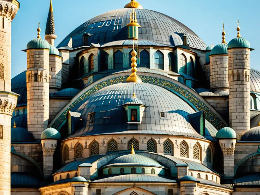 Detalles de la arquitectura ornamental de la Mezquita Azul en Estambul, Turquía, reflejando la influencia del Imperio Mongol y cultura islámica