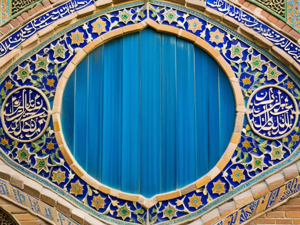 Detalles asombrosos de la decoración en mosaico y caligrafía de la Mezquita Azul en Tabriz, Persia