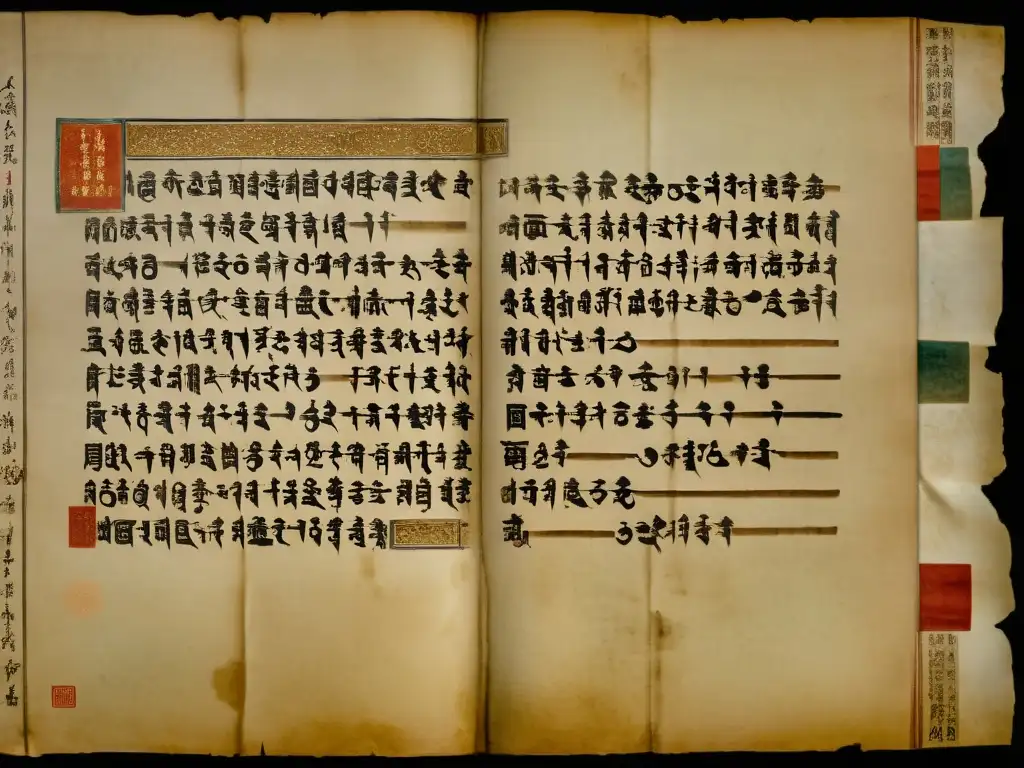 Detalles claros de un antiguo manuscrito mongol: tinta, textura y colores