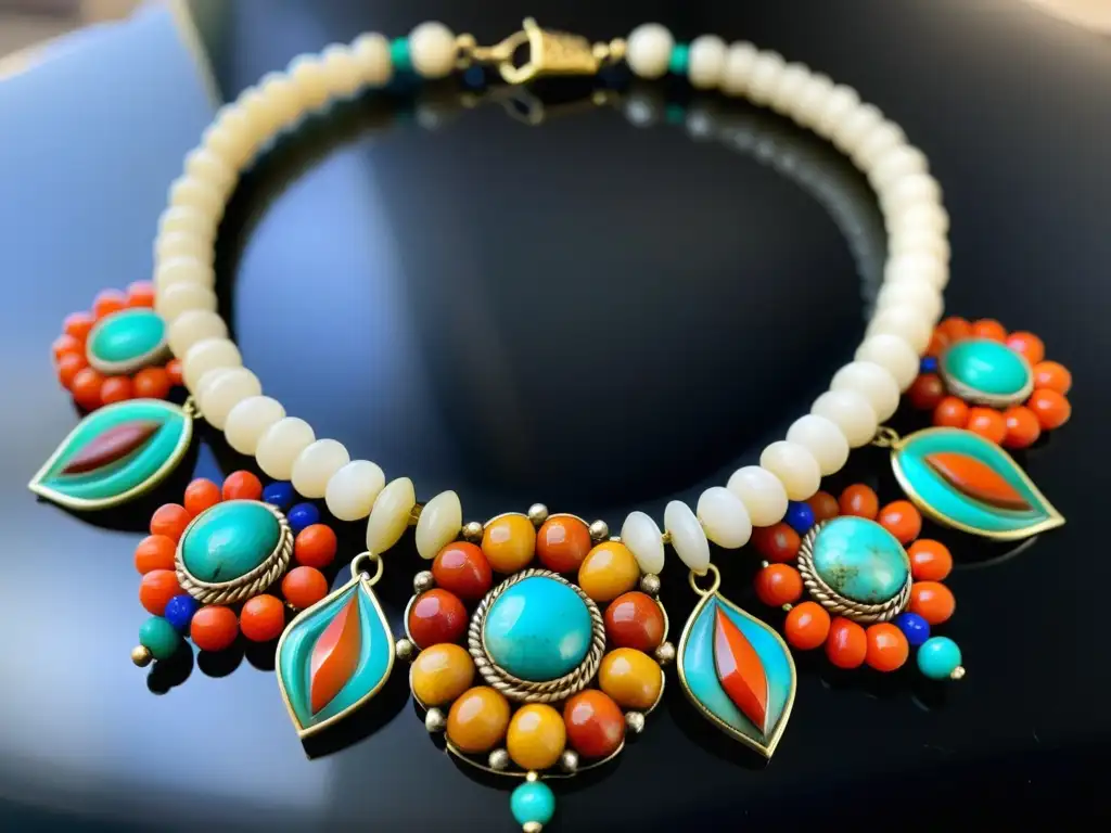 Detalles coloridos en joyería tradicional mongola con materiales inusuales como hueso de yak, turquesa, coral y jade, reflejando artesanía única