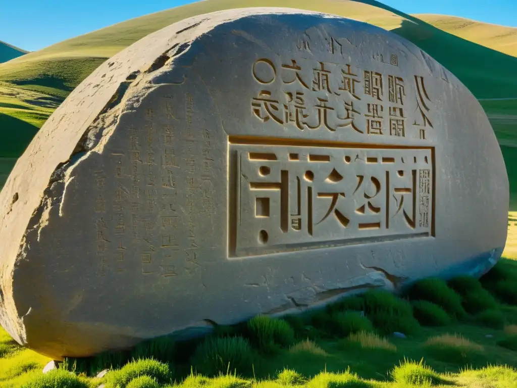 Detalles intrincados de las Inscripciones de Orkhon en monumento de piedra del Imperio Mongol