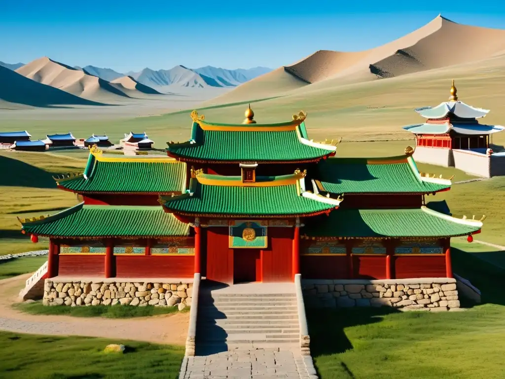 Detalles tallados en madera de la arquitectura mongola legado histórico en el Monasterio Erdene Zuu, con tejados en estilo pagoda y paisaje sereno